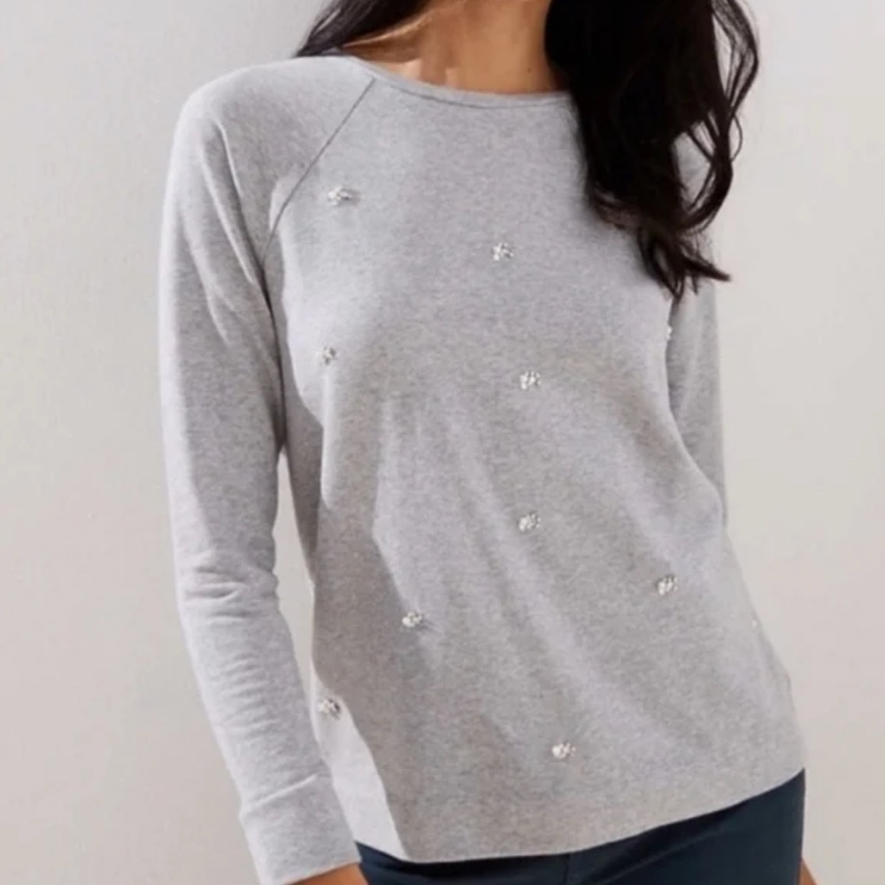 LOFT Ann Taylor Grey Sweater Top Sweatshirt Jewel Pearl Sparkle Crew Neck Large